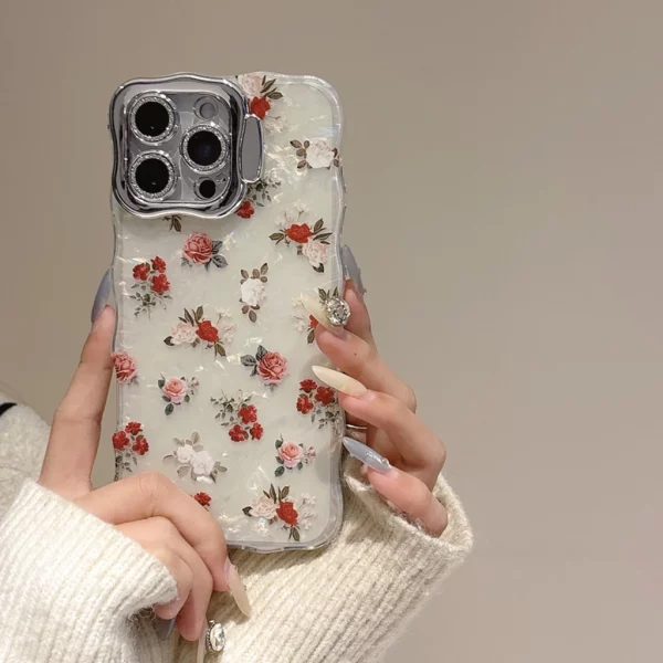 Retro Colorful Flowers Shell Pattern With Camera Glass Film With Holder Phone Cover Case for iPhone 16 15 14 13 Pro Max Plus