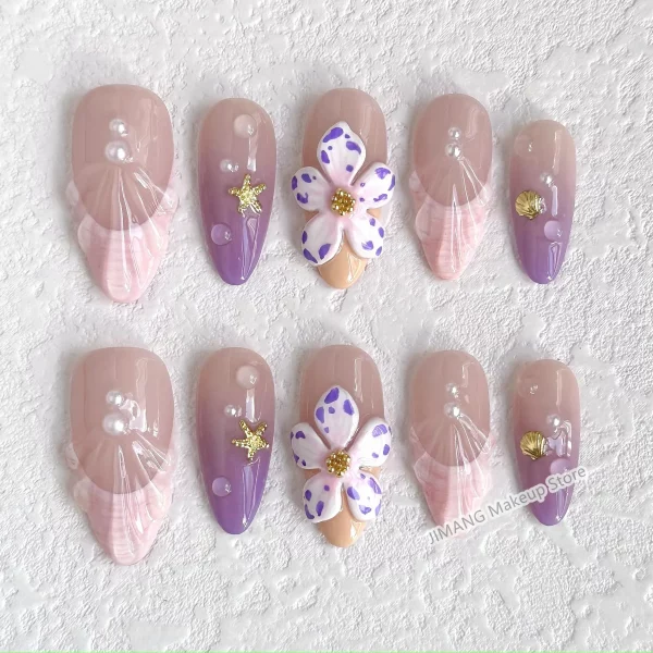 Customized 3D Flower Almond Press On Nails Handmade False Nails Reusable Short Fake Nail With Glue Gift Full Cover Nail Tips - Image 3