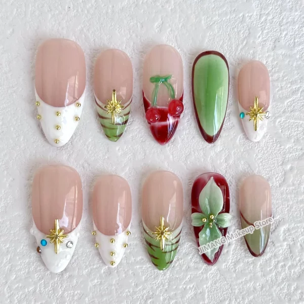 Customized 3D Flower Almond Press On Nails Handmade False Nails Reusable Short Fake Nail With Glue Gift Full Cover Nail Tips - Image 4
