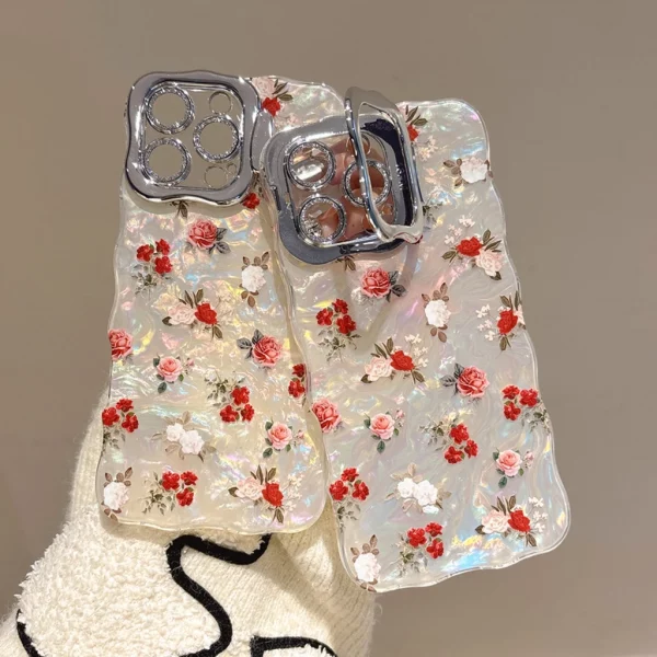 Retro Colorful Flowers Shell Pattern With Camera Glass Film With Holder Phone Cover Case for iPhone 16 15 14 13 Pro Max Plus - Image 6