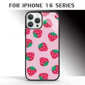 Soft Pink Strawberry Pattern Phone Case For IPhone 16 16pro 16plus 16promax Pro Plus Max Mirror Acrylic PC TPU Cover