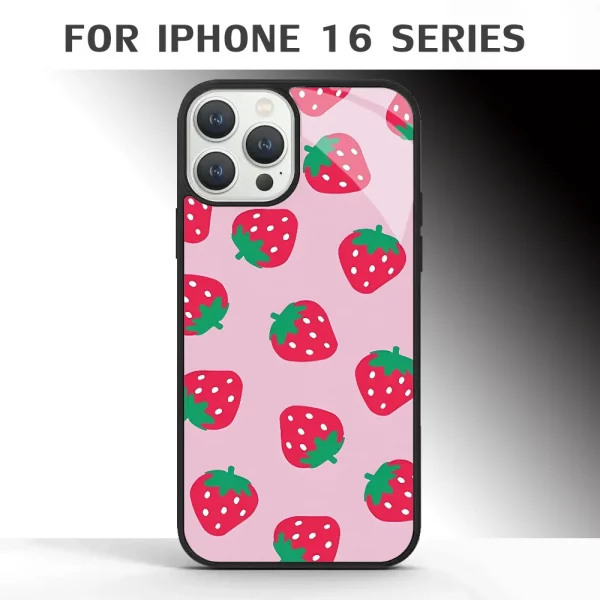 Soft Pink Strawberry Pattern Phone Case For IPhone 16 16pro 16plus 16promax Pro Plus Max Mirror Acrylic PC TPU Cover