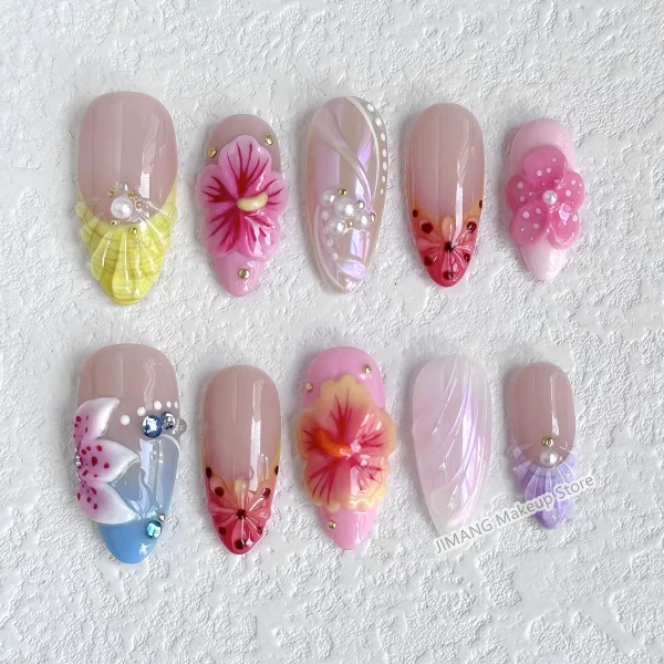 Customized 3D Flower Almond Press On Nails Handmade False Nails Reusable Short Fake Nail With Glue Gift Full Cover Nail Tips - Image 5