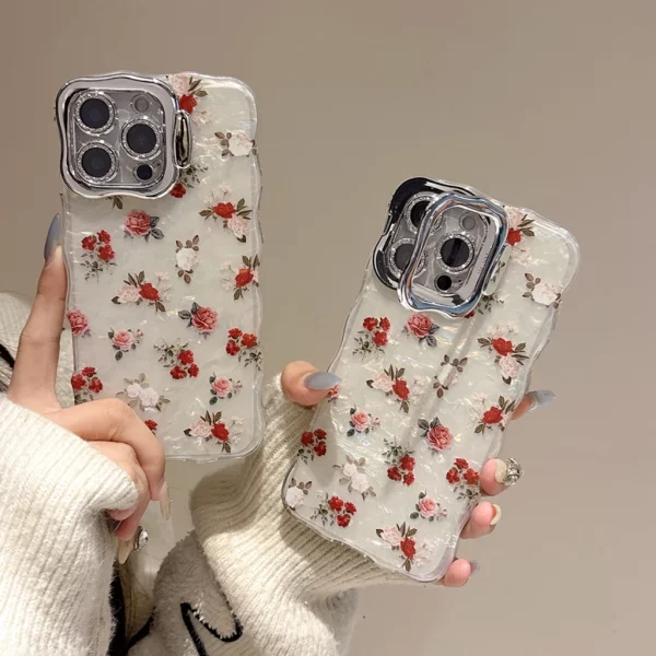Retro Colorful Flowers Shell Pattern With Camera Glass Film With Holder Phone Cover Case for iPhone 16 15 14 13 Pro Max Plus - Image 2