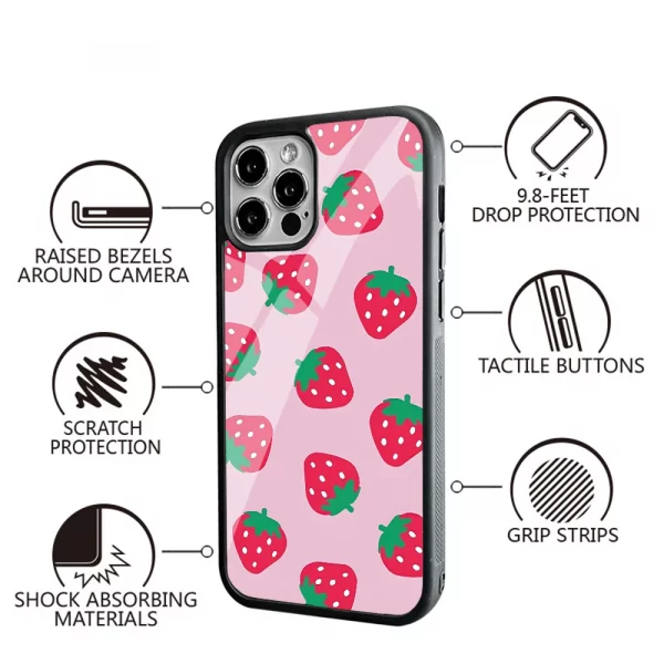 Soft Pink Strawberry Pattern Phone Case For IPhone 16 16pro 16plus 16promax Pro Plus Max Mirror Acrylic PC TPU Cover - Image 2