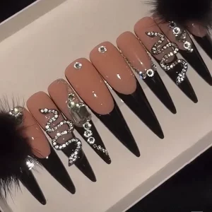Customized French Style XXXL Long Stiletto Press On Nails Handmade Bling Rhinestone False Nail Tips Reusable Fake Nail With Glue