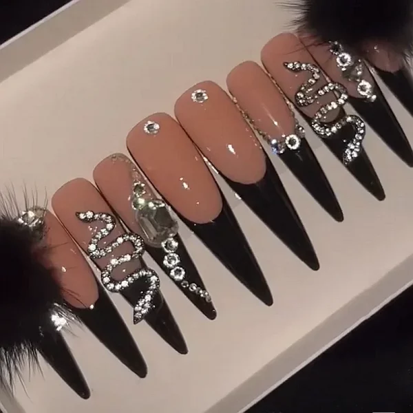 Crocodile Print Snake Custom Handmade 3XL Long Press On Nails Y2K Bling Rhinestone False Nail Tips Reusable Acrylic Fake Nail - Image 2
