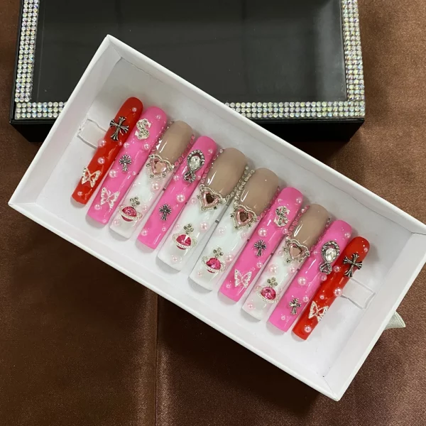 French Glitter Handmade Popular Luxury Nails Press On 10PCS Acrylic Hand Crafted Artificial Fingernails with Glue Tool - Image 3