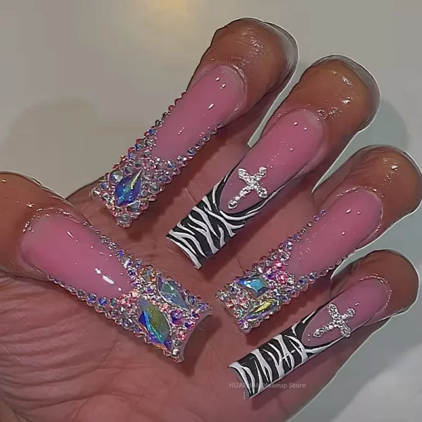 Crocodile Print Snake Custom Handmade 3XL Long Press On Nails Y2K Bling Rhinestone False Nail Tips Reusable Acrylic Fake Nail - Image 5