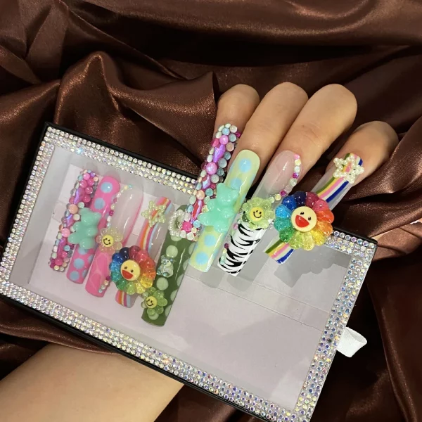 10PCS Gorgeous Elegance Reusable Handmade Acrylic Nails Press On Extra Long Bling UV Gel Fingernails with Glue Tools - Image 2