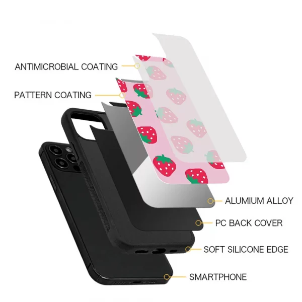 Soft Pink Strawberry Pattern Phone Case For IPhone 16 16pro 16plus 16promax Pro Plus Max Mirror Acrylic PC TPU Cover - Image 3