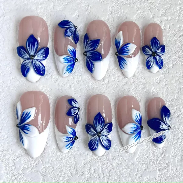 Customized 3D Flower Almond Press On Nails Handmade False Nails Reusable Short Fake Nail With Glue Gift Full Cover Nail Tips - Image 2