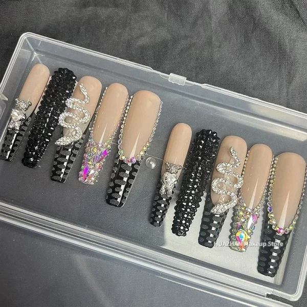 Crocodile Print Snake Custom Handmade 3XL Long Press On Nails Y2K Bling Rhinestone False Nail Tips Reusable Acrylic Fake Nail - Image 4