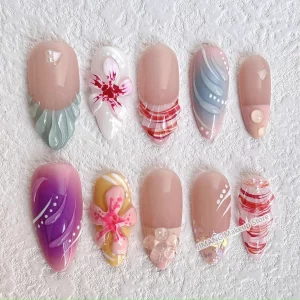 Customized 3D Flower Almond Press On Nails Handmade False Nails Reusable Short Fake Nail With Glue Gift Full Cover Nail Tips