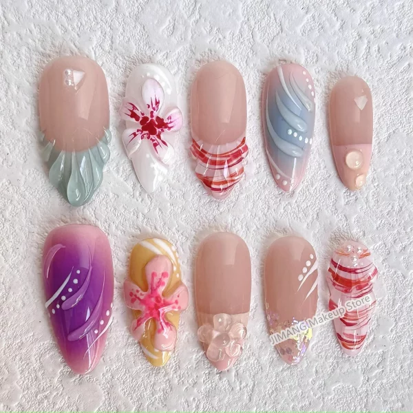 Customized 3D Flower Almond Press On Nails Handmade False Nails Reusable Short Fake Nail With Glue Gift Full Cover Nail Tips
